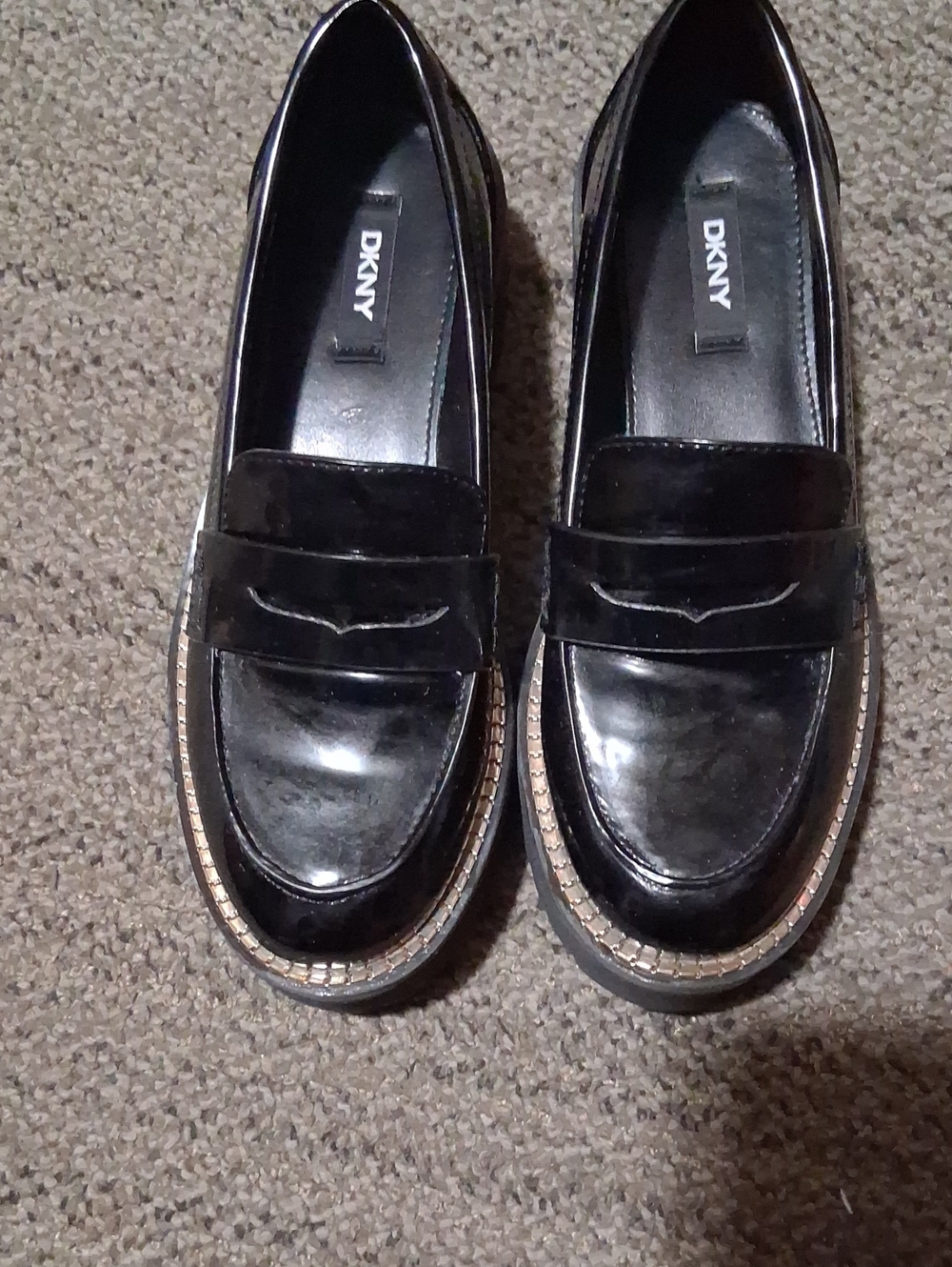 DKNY Black Patent Penny Loafers with Metallic Trim